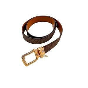 Michael Kors Printed Logo Brown Leather Belt Gold Buckle Size L
